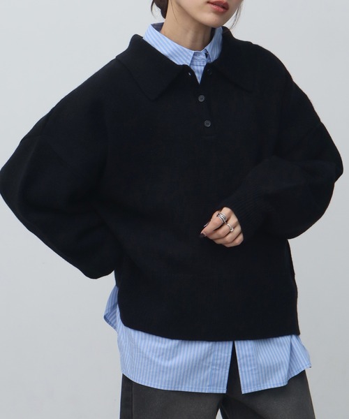 NOGLE（ノグル）の「【NOGLE/ノグル】オーバーポロニット（ニット/セーター・レディース・ネイビー/ブルー/グレー/レッド/カーキ/グレー×ホワイト/ライトグレー系/ブラウン系/ブラック×ホワイト/グレイッシュベージュ/グレー系/ネイビー系/ホワイト×ブラック/ブラック/ブラウン系1・FREE）」の3枚目の写真