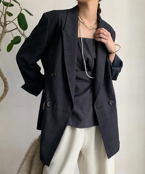 DouDou（ドゥドゥ）の「肩パッドチェックダブルジャケット（テーラードジャケット・レディース・ブラウン/チャコールグレー・FREE）」の2枚目の写真