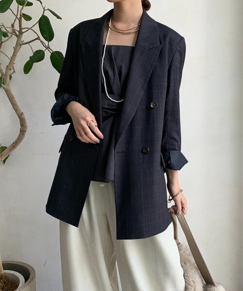 DouDou（ドゥドゥ）の「肩パッドチェックダブルジャケット（テーラードジャケット・レディース・ブラウン/チャコールグレー・FREE）」の9枚目の写真