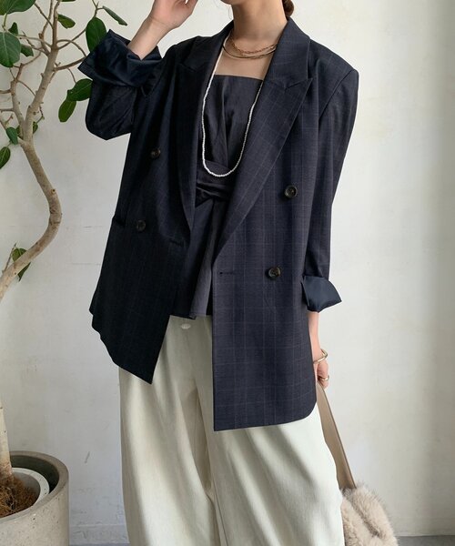 セール】肩パッドチェックダブルジャケット（テーラードジャケット