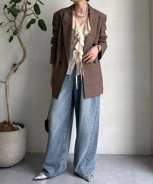 DouDou（ドゥドゥ）の「肩パッドチェックダブルジャケット（テーラードジャケット・レディース・ブラウン/チャコールグレー・FREE）」の12枚目の写真