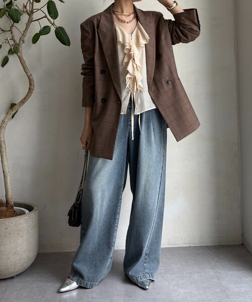 DouDou（ドゥドゥ）の「肩パッドチェックダブルジャケット（テーラードジャケット・レディース・ブラウン/チャコールグレー・FREE）」の13枚目の写真