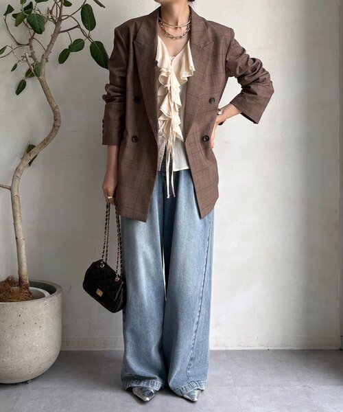 DouDou（ドゥドゥ）の「肩パッドチェックダブルジャケット（テーラードジャケット・レディース・ブラウン/チャコールグレー・FREE）」の14枚目の写真