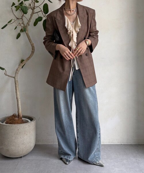 DouDou（ドゥドゥ）の「肩パッドチェックダブルジャケット（テーラードジャケット・レディース・ブラウン/チャコールグレー・FREE）」の15枚目の写真