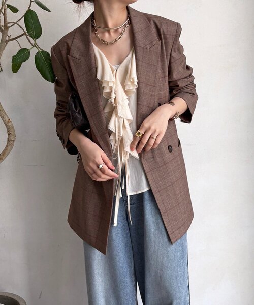 DouDou（ドゥドゥ）の「肩パッドチェックダブルジャケット（テーラードジャケット・レディース・ブラウン/チャコールグレー・FREE）」の17枚目の写真
