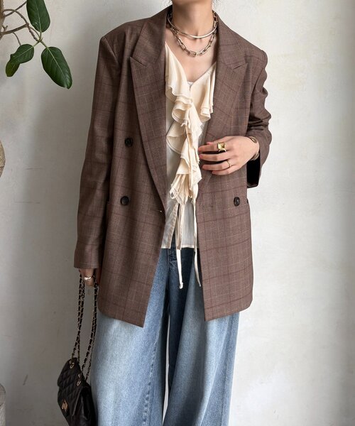 DouDou（ドゥドゥ）の「肩パッドチェックダブルジャケット（テーラードジャケット・レディース・ブラウン/チャコールグレー・FREE）」の18枚目の写真