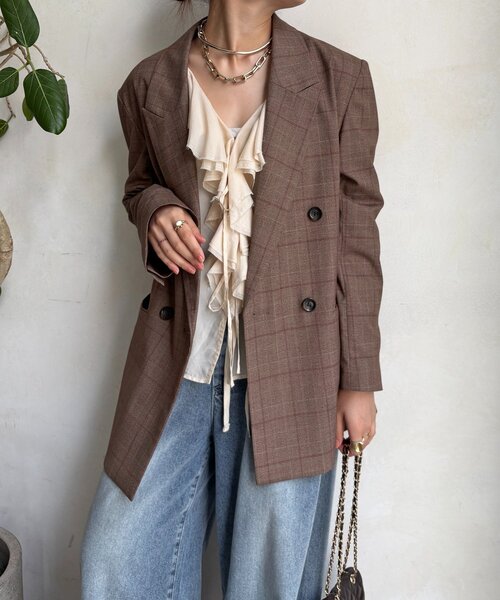 DouDou（ドゥドゥ）の「肩パッドチェックダブルジャケット（テーラードジャケット・レディース・ブラウン/チャコールグレー・FREE）」の19枚目の写真