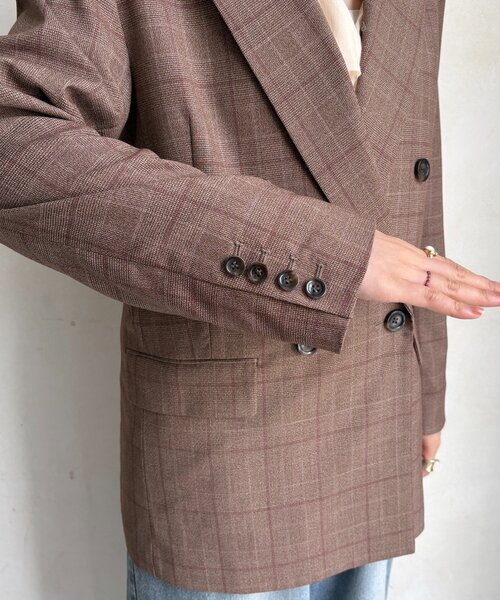 DOUDOU ブラウン テーラードジャケット ダブルジャケット 肩パッドチェックダブルジャケット（テーラードジャケット