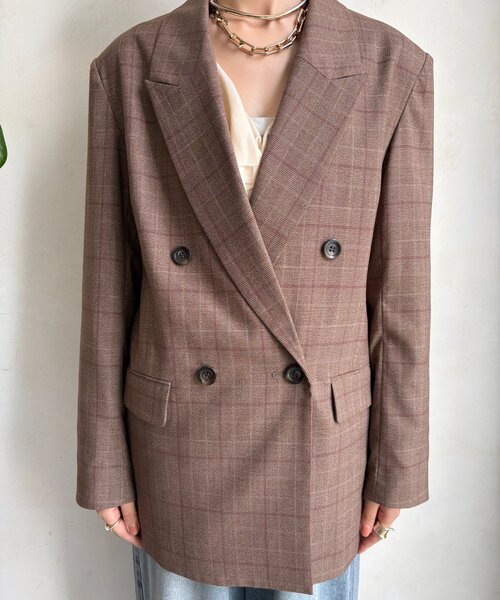 セール】肩パッドチェックダブルジャケット（テーラードジャケット