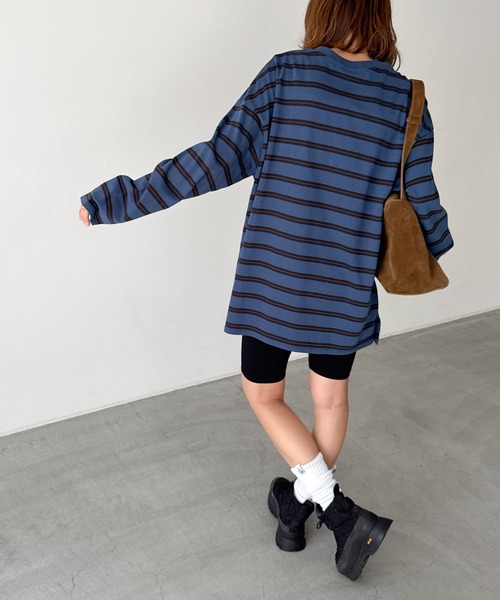 CANAL JEAN（キャナルジーン）の「El mar　ボーダーオーバーロングTシャツ（Tシャツ/カットソー・レディース・ブルー/グレー・ONE SIZE）」の4枚目の写真