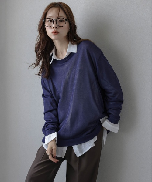 新品タグ付き　ソフトローンシアーワイドプルオーバー　BLUE セール】【日本製】シアーニットプルオーバー（Tシャツ/カットソー