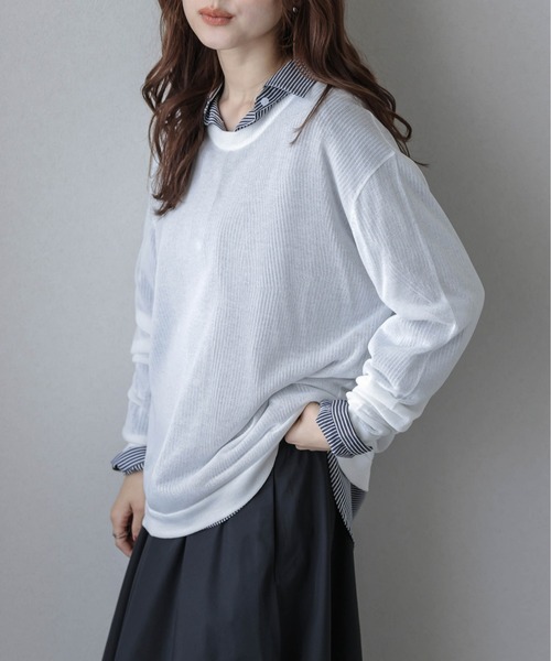 Lajour(ラジュール)の「【日本製】シアーニットプルオーバー(Tシャツ/カットソー・レディース・ホワイト/ブラック/ネイビー/モカ・フリー)」の5枚目の写真