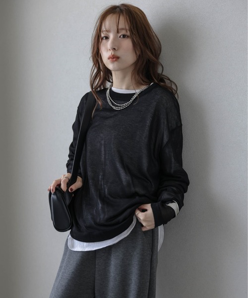 Lajour(ラジュール)の「【日本製】シアーニットプルオーバー(Tシャツ/カットソー・レディース・ホワイト/ブラック/ネイビー/モカ・フリー)」の8枚目の写真