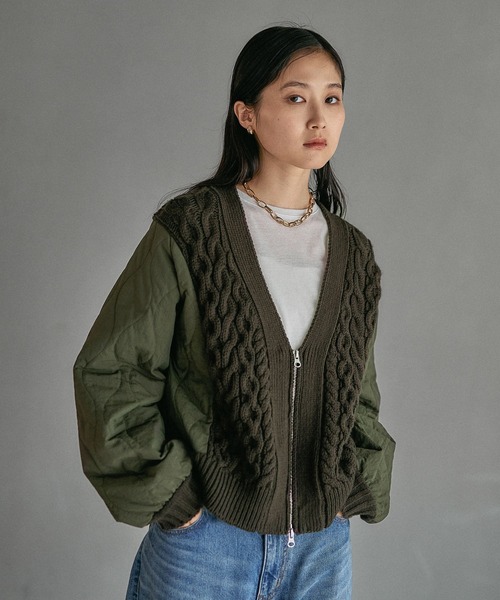 3.5ゲージキルトコンビZIPカーディガン 590724（カーディガン/ボレロ