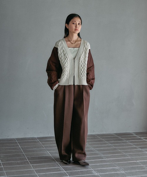 3.5ゲージキルトコンビZIPカーディガン 590724（カーディガン/ボレロ