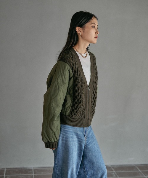 3.5ゲージキルトコンビZIPカーディガン 590724（カーディガン/ボレロ