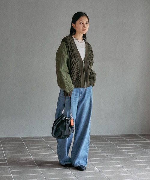 3.5ゲージキルトコンビZIPカーディガン 590724（カーディガン/ボレロ