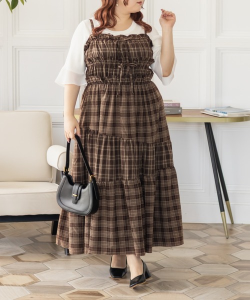 CLETTE(クレット)の「CLETTEオリジナルパッチワークチェックワンピース(ワンピース・レディース・ブラウン/ブラック/ワイン・LL/4L/3L)」の2枚目の写真