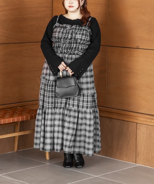 CLETTE(クレット)の「CLETTEオリジナルパッチワークチェックワンピース(ワンピース・レディース・ブラウン/ブラック/ワイン・LL/4L/3L)」の4枚目の写真