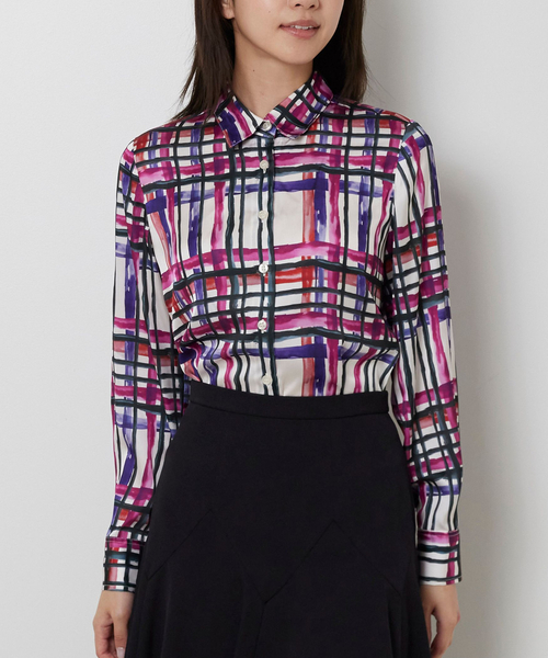 NARACAMICIE（ナラカミーチェ）の「【NARACAMICIE】【セットアップ対応】ビッグチェック柄サテン長袖シャツ衿ブラウス（シャツ/ブラウス・レディース・グリーン/ピンク・M/L/S）」の2枚目の写真