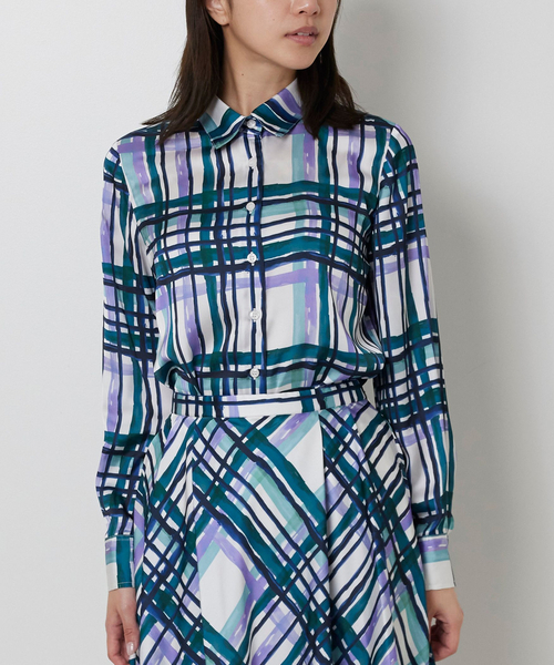 NARACAMICIE（ナラカミーチェ）の「【NARACAMICIE】【セットアップ対応】ビッグチェック柄サテン長袖シャツ衿ブラウス（シャツ/ブラウス・レディース・グリーン/ピンク・M/L/S）」の3枚目の写真