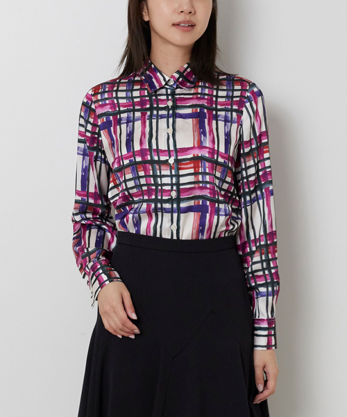 NARACAMICIE（ナラカミーチェ）の「【NARACAMICIE】【セットアップ対応】ビッグチェック柄サテン長袖シャツ衿ブラウス（シャツ/ブラウス・レディース・グリーン/ピンク・M/L/S）」の4枚目の写真