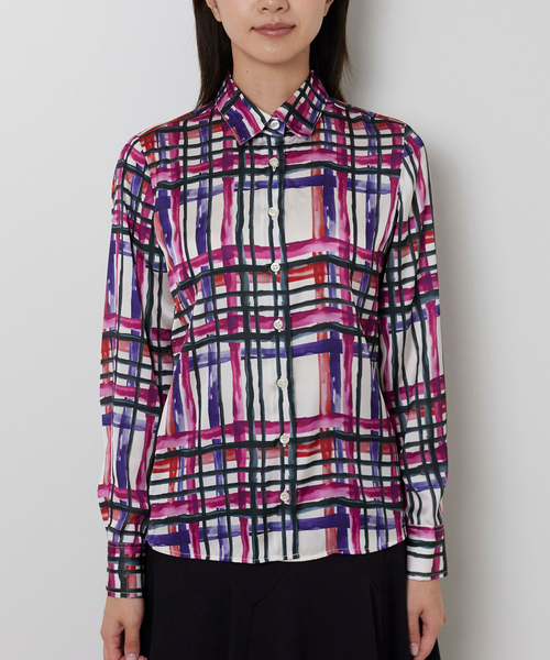 NARACAMICIE（ナラカミーチェ）の「【NARACAMICIE】【セットアップ対応】ビッグチェック柄サテン長袖シャツ衿ブラウス（シャツ/ブラウス・レディース・グリーン/ピンク・M/L/S）」の5枚目の写真