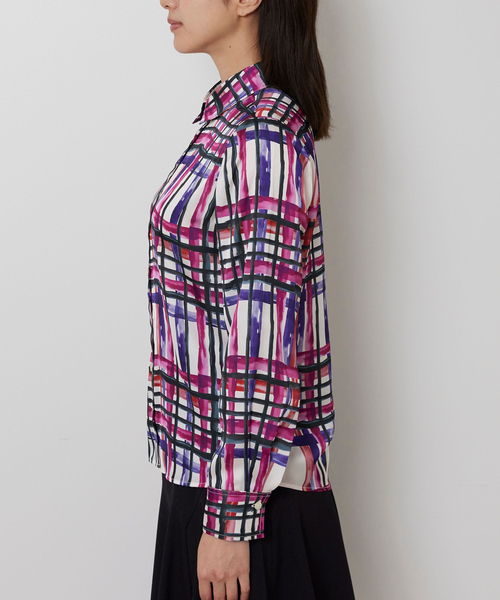 NARACAMICIE（ナラカミーチェ）の「【NARACAMICIE】【セットアップ対応】ビッグチェック柄サテン長袖シャツ衿ブラウス（シャツ/ブラウス・レディース・グリーン/ピンク・M/L/S）」の6枚目の写真