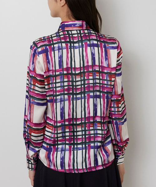 NARACAMICIE（ナラカミーチェ）の「【NARACAMICIE】【セットアップ対応】ビッグチェック柄サテン長袖シャツ衿ブラウス（シャツ/ブラウス・レディース・グリーン/ピンク・M/L/S）」の7枚目の写真