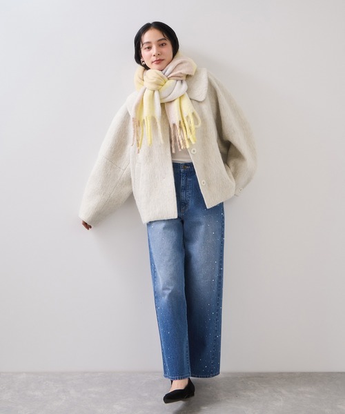 VIS（ビス）の「ふわふわフリンジチェックマフラー/静電気防止（マフラー・レディース・チャコールグレー/イエロー系その他2/ブラウン系その他3/ブルー系その他4・FREE）」の12枚目の写真