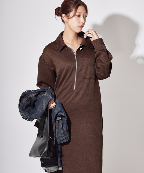 THOUSAND MILE(サウザンドマイル)の「THOUSAND MILE/サウザンドマイル HALF ZIP OP ウールライク ハーフジップワンピース(ワンピース・レディース・ネイビー/チャコール/ブラウン・FREE)」の6枚目の写真