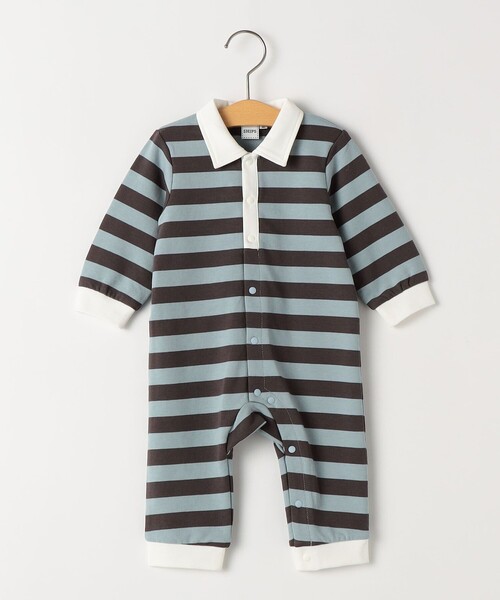 SHIPS(シップス)の「SHIPS KIDS:70~80cm / ボーダー ラガーシャツ ロンパース(ロンパース・キッズ・グリーン/ブルー・80/70)」の2枚目の写真