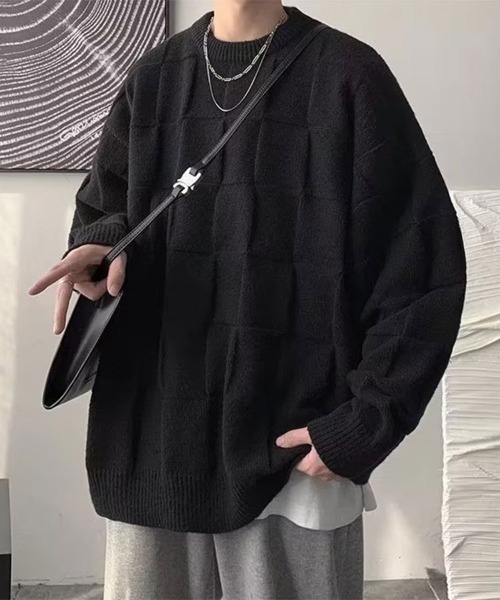 SallyLunn（サリーラン）の「ブロックチェックニットトップス（ニット/セーター・メンズ・ブラック/ホワイト・M）」の2枚目の写真