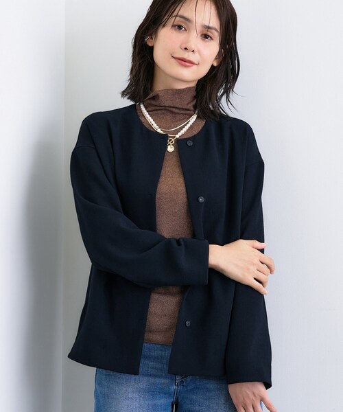 INDIVI インディヴィ 濃ネイビー ノーカラージャケット 40 新品タグ付き ◇【洗える／羽織り】カラーレスジャケット（ノーカラージャケット