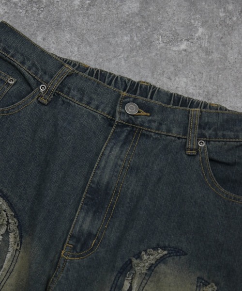 NYLAUS(ナイラス)の「【NYS】トライバル カットオフモチーフ バギーパンツ ワイドデニムパンツ(デニムパンツ・メンズ・ブラック/ブルー・M/L)」の4枚目の写真