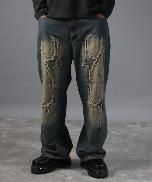 NYLAUS(ナイラス)の「【NYS】トライバル カットオフモチーフ バギーパンツ ワイドデニムパンツ(デニムパンツ・メンズ・ブラック/ブルー・M/L)」の14枚目の写真