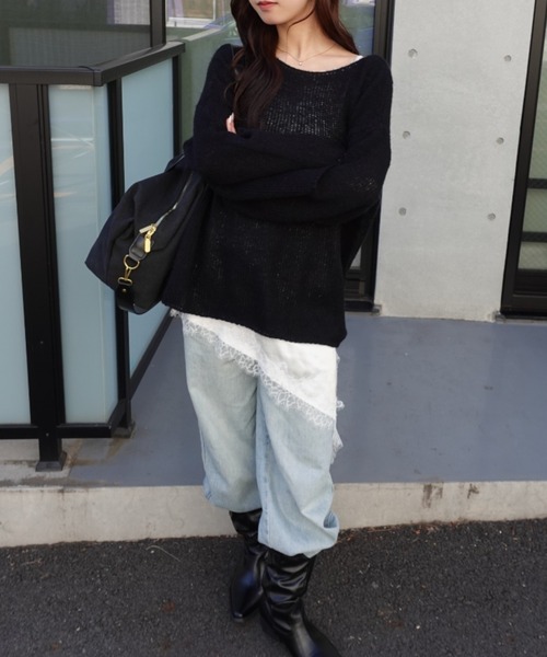 unnu(ユヌ)の「ワイドネックルーズニット(ニット/セーター・レディース・ブラック/アイボリー/ピンク・F)」の19枚目の写真