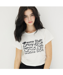 ウェーブレタリングクロップスリム半袖Tシャツアイボリー