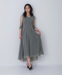 シアー袖Vネックフレアドレス