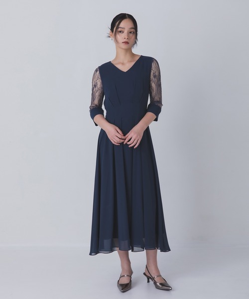 Rose of Sharon(ローズオブシャロン)の「シアー袖Vネックフレアドレス(ドレス・レディース・ボルドー/ライトカーキ/ネイビー/ブラック/グレイッシュベージュ/ダークグリーン/ブルー・M/L/LL)」の5枚目の写真
