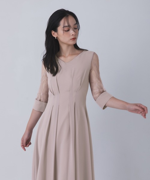 Rose of Sharon(ローズオブシャロン)の「シアー袖Vネックフレアドレス(ドレス・レディース・ボルドー/ライトカーキ/ネイビー/ブラック/グレイッシュベージュ/ダークグリーン/ブルー・M/L/LL)」の3枚目の写真