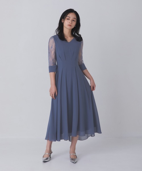 Rose of Sharon(ローズオブシャロン)の「シアー袖Vネックフレアドレス(ドレス・レディース・ボルドー/ライトカーキ/ネイビー/ブラック/グレイッシュベージュ/ダークグリーン/ブルー・M/L/LL)」の6枚目の写真