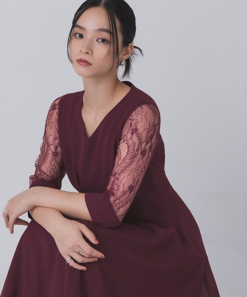 Rose of Sharon(ローズオブシャロン)の「シアー袖Vネックフレアドレス(ドレス・レディース・ボルドー/ライトカーキ/ネイビー/ブラック/グレイッシュベージュ/ダークグリーン/ブルー・M/L/LL)」の7枚目の写真