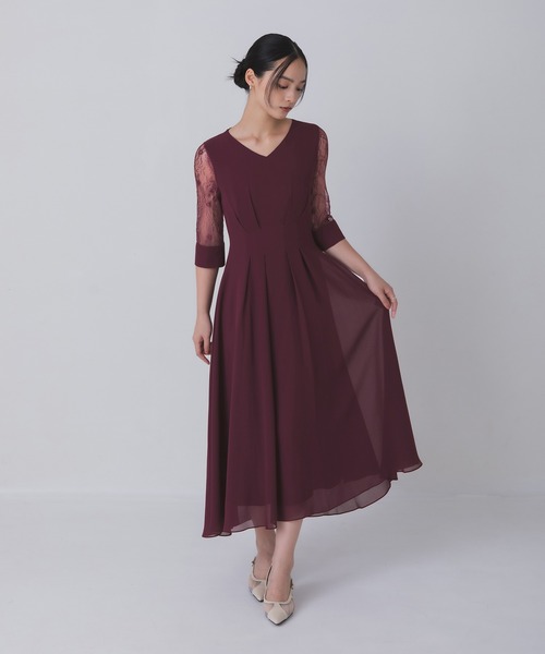 Rose of Sharon(ローズオブシャロン)の「シアー袖Vネックフレアドレス(ドレス・レディース・ボルドー/ライトカーキ/ネイビー/ブラック/グレイッシュベージュ/ダークグリーン/ブルー・M/L/LL)」の10枚目の写真