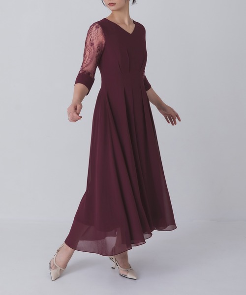 Rose of Sharon(ローズオブシャロン)の「シアー袖Vネックフレアドレス(ドレス・レディース・ボルドー/ライトカーキ/ネイビー/ブラック/グレイッシュベージュ/ダークグリーン/ブルー・M/L/LL)」の13枚目の写真