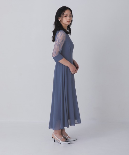 フレアドレス 長袖 シアー グレー L 結婚式 ワンピース セール】シアー袖Vネックフレアドレス（ドレス）｜Rose of Sharon