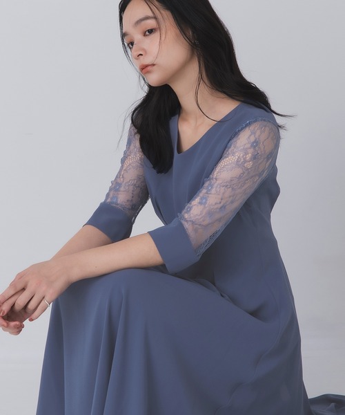 Rose of Sharon(ローズオブシャロン)の「シアー袖Vネックフレアドレス(ドレス・レディース・ボルドー/ライトカーキ/ネイビー/ブラック/グレイッシュベージュ/ダークグリーン/ブルー・M/L/LL)」の9枚目の写真