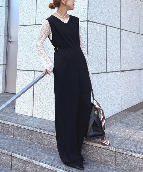 ISOOK（アイスー）の「【袖が取り外せる2way仕様】2wayシアースリーブパンツドレス / ハイウエスト フォーマル レイヤード 袖あり 袖なし 長袖 2通り タンクトップ オケージョンドレス パーティードレス 結婚式 二次会 同窓会 成人式 お呼ばれ ブラック カーキブラウン（パンツドレス・レディース・カーキブラウン/ブラック・FREE）」の12枚目の写真