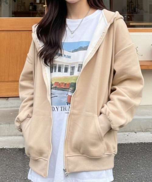 LAC-VERT（ラック・ヴェール）の「オーバーサイズZIPフーディー（パーカー・レディース・ブラック/アイボリー/グレー・FREE）」の2枚目の写真