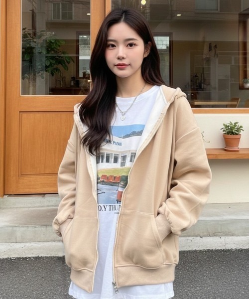 LAC-VERT（ラック・ヴェール）の「オーバーサイズZIPフーディー（パーカー・レディース・ブラック/アイボリー/グレー・FREE）」の10枚目の写真